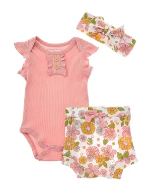 Catherine Malandrino 3pc Ribbed Short Set with Headband