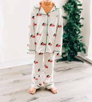 Christmas Tractors Button Down Pj Set In White