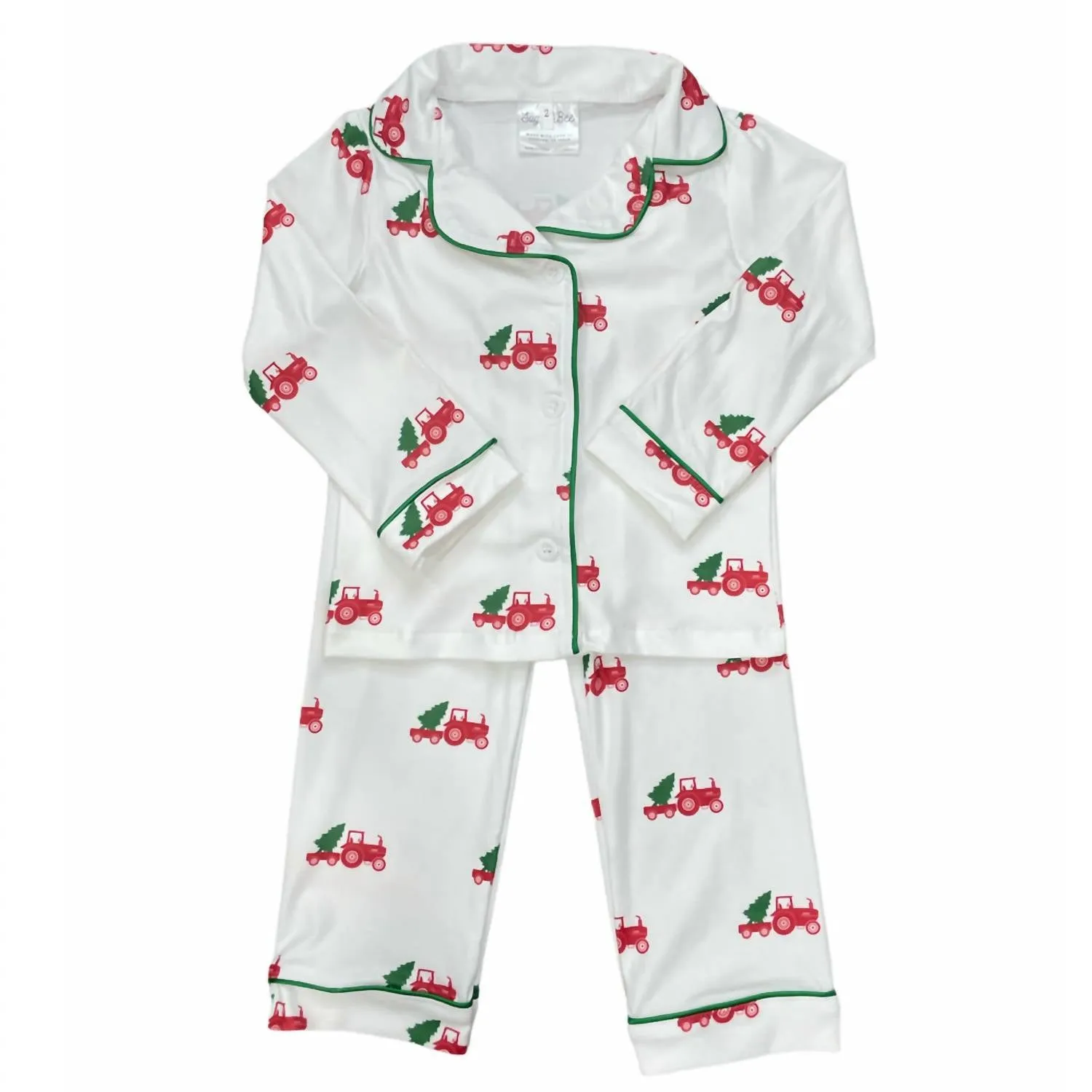 Christmas Tractors Button Down Pj Set In White