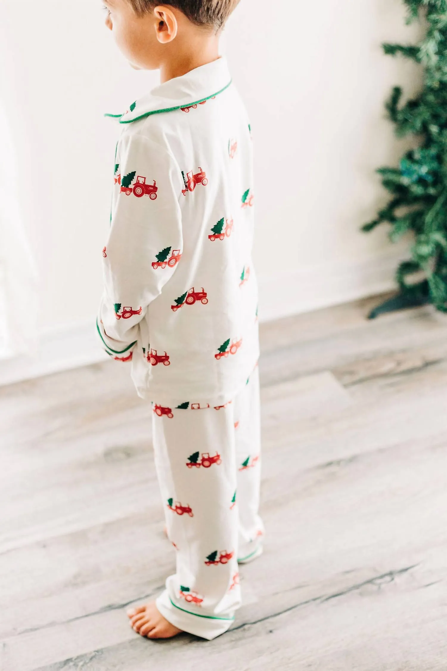 Christmas Tractors Button Down Pj Set In White