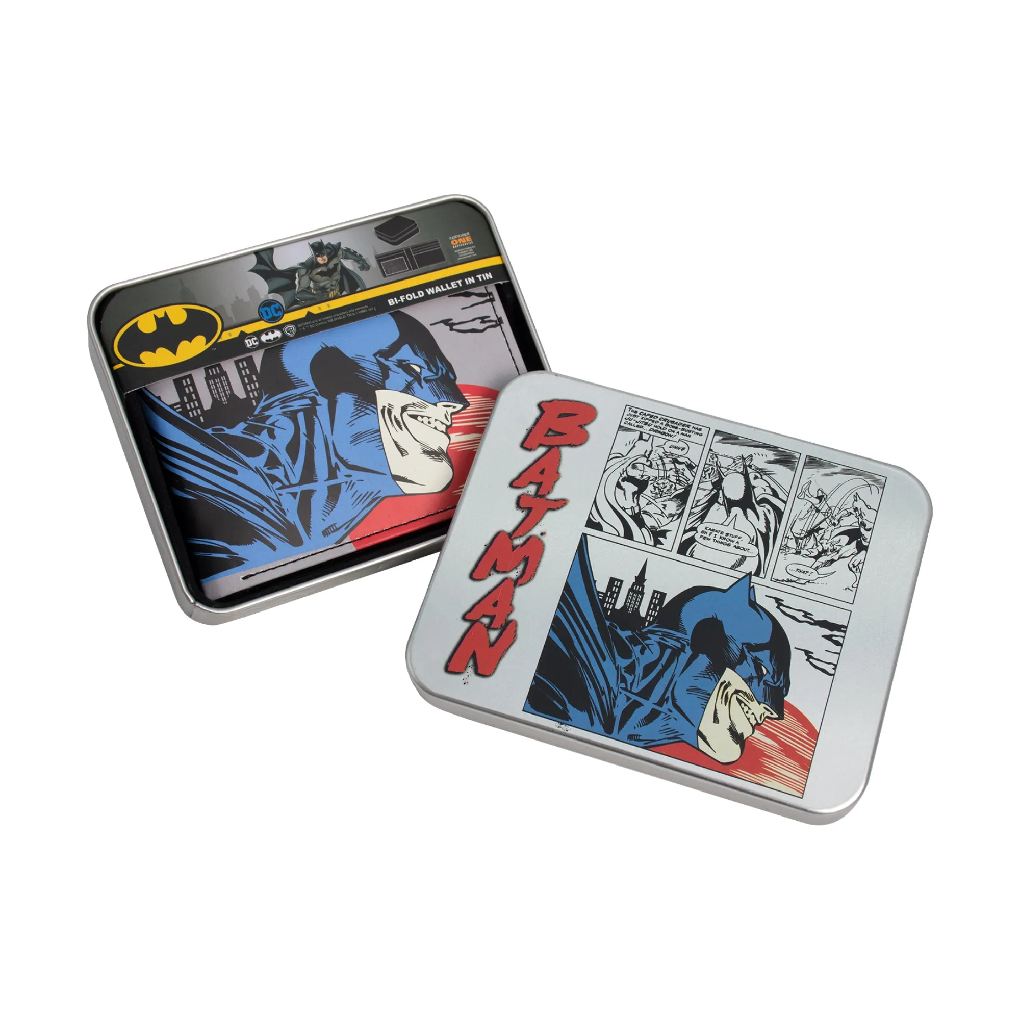 DC Comics Batman Face Print Bifold Wallet in a Decorative Tin Case, Multi