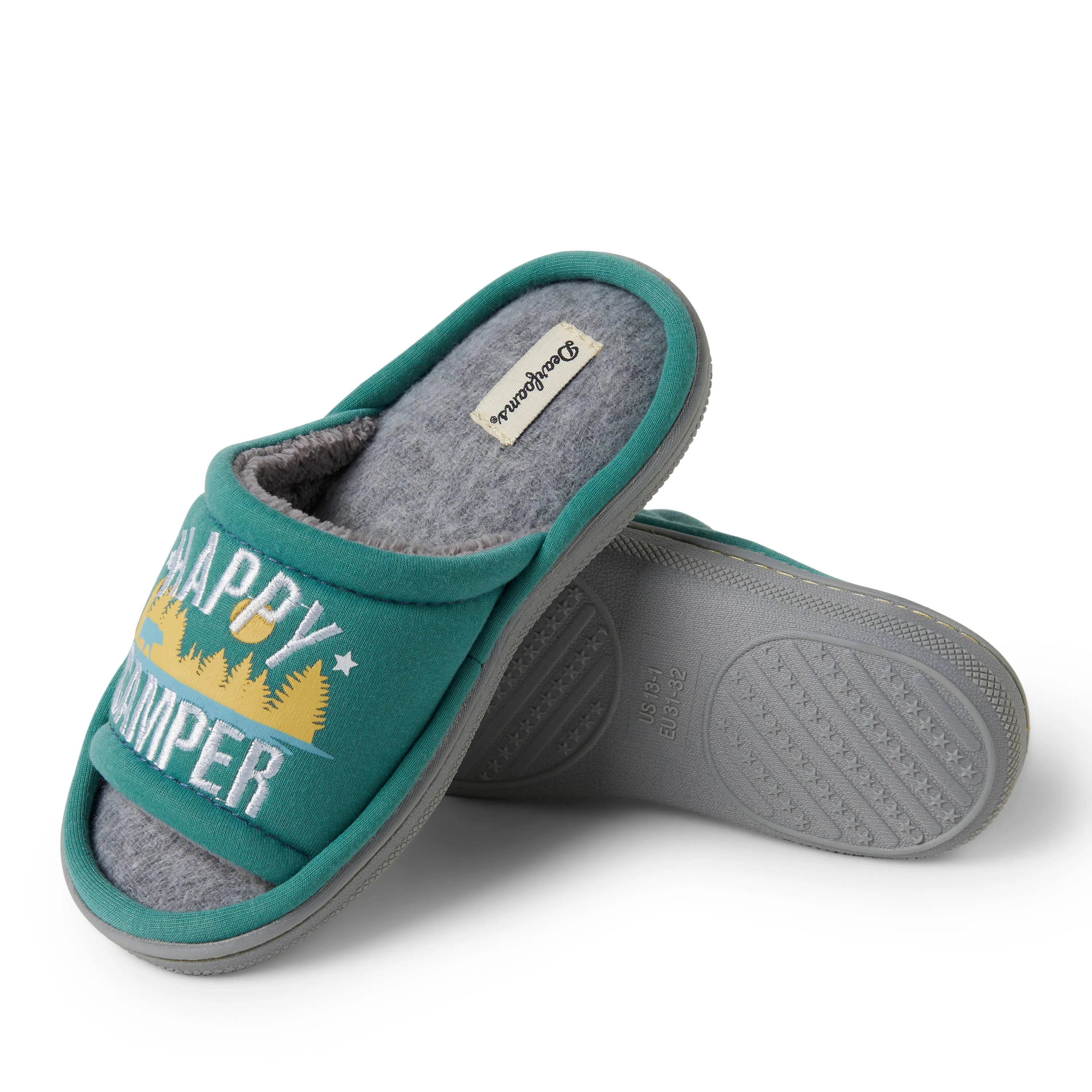 Dearfoams Kid’s Unisex Lennox Happy Camper Sweatshirt Slide Slipper