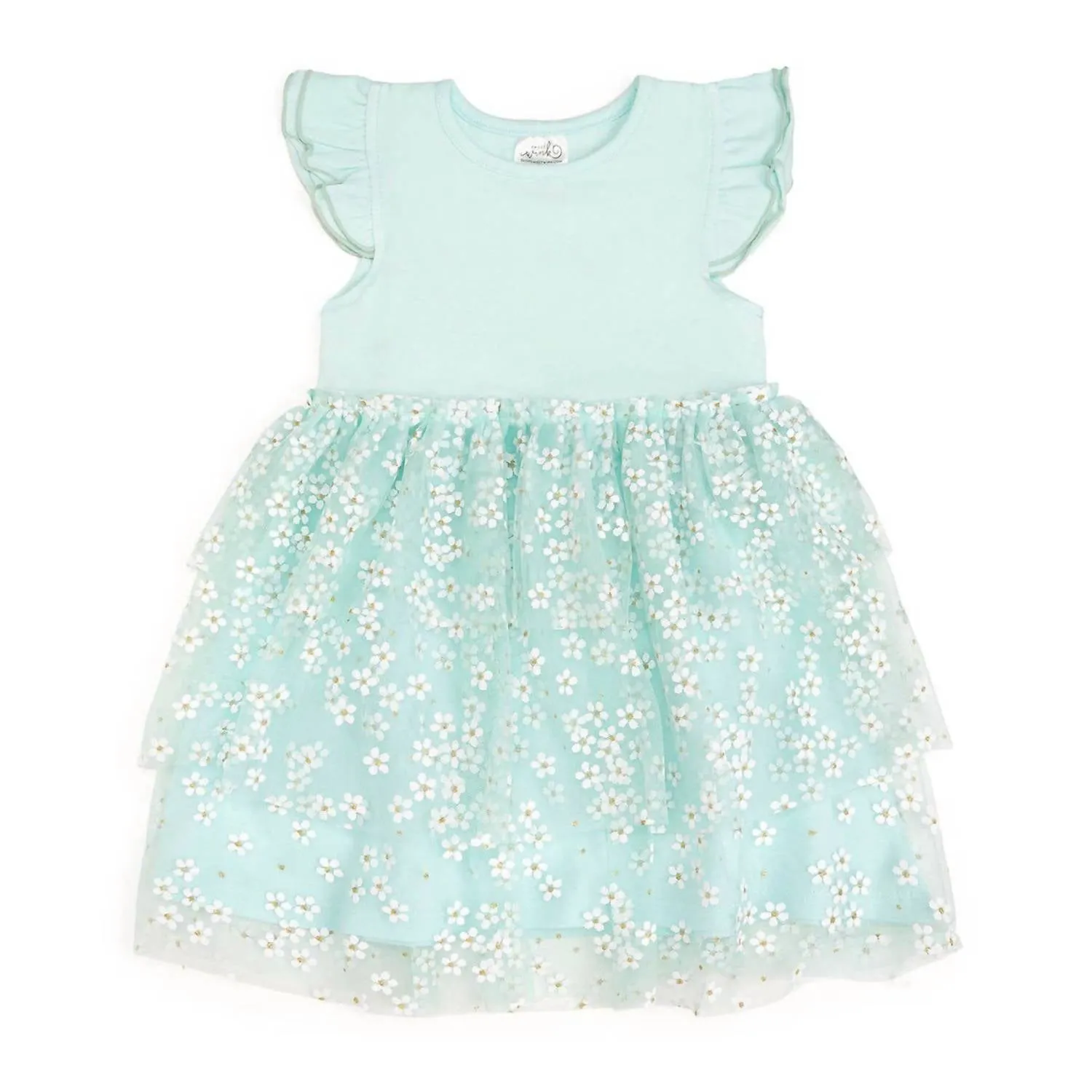 Ditsy Daisy Easter Tiered Short Sleeve Tutu Dress In Aqua