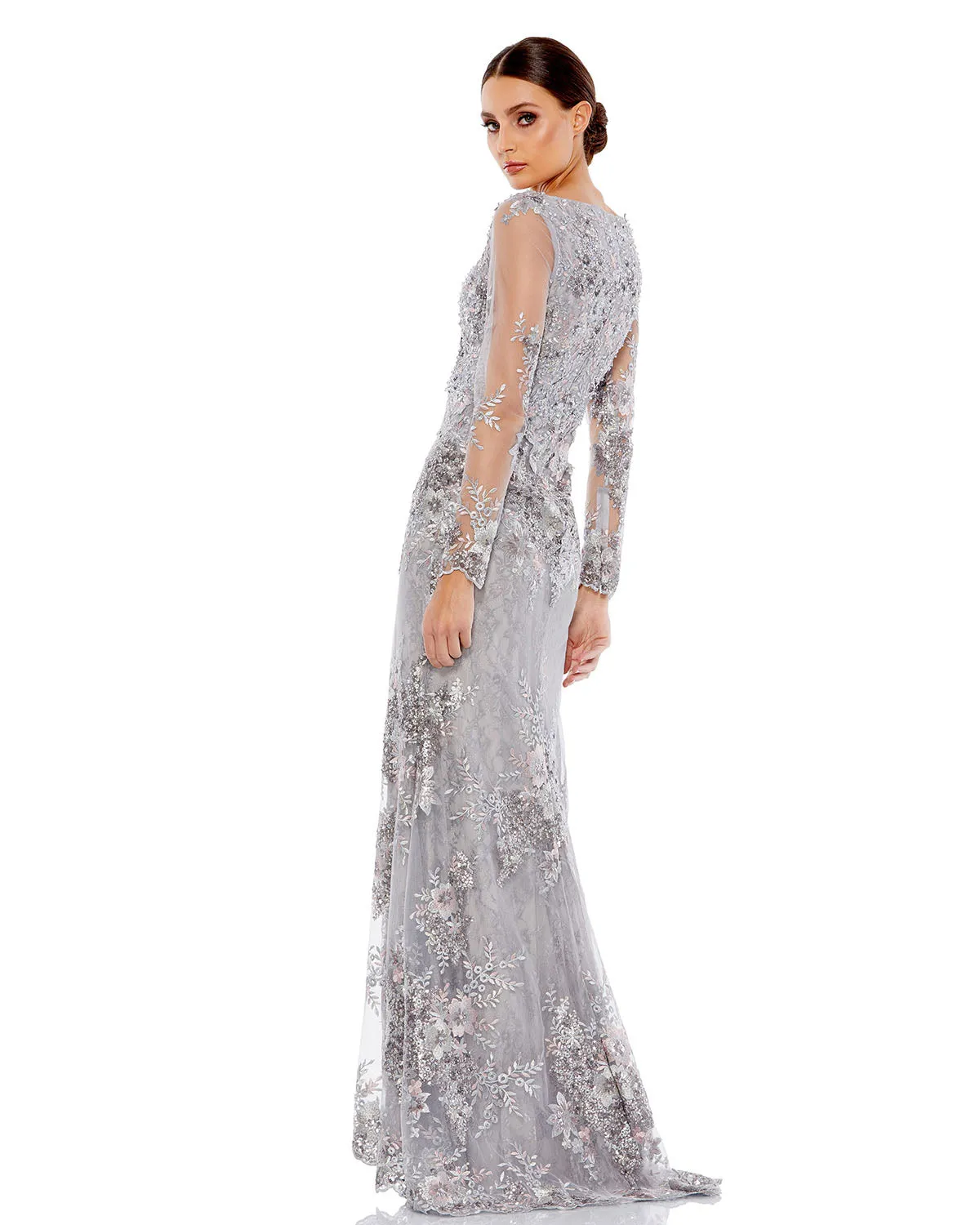 Embellished V Neck Illusion Long Sleeve Gown