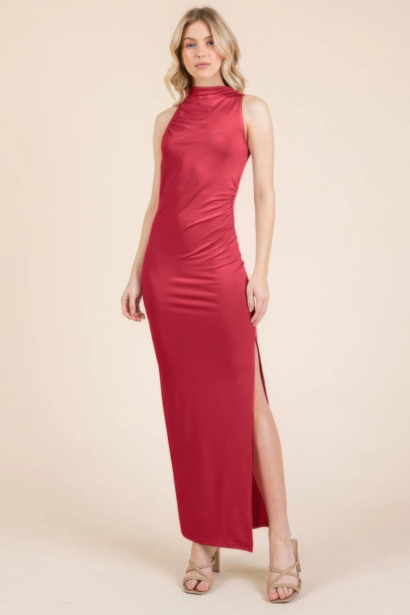 FASHNZFAB Women's Back Cut Out Side Shirring Side Slit Maxi Dress