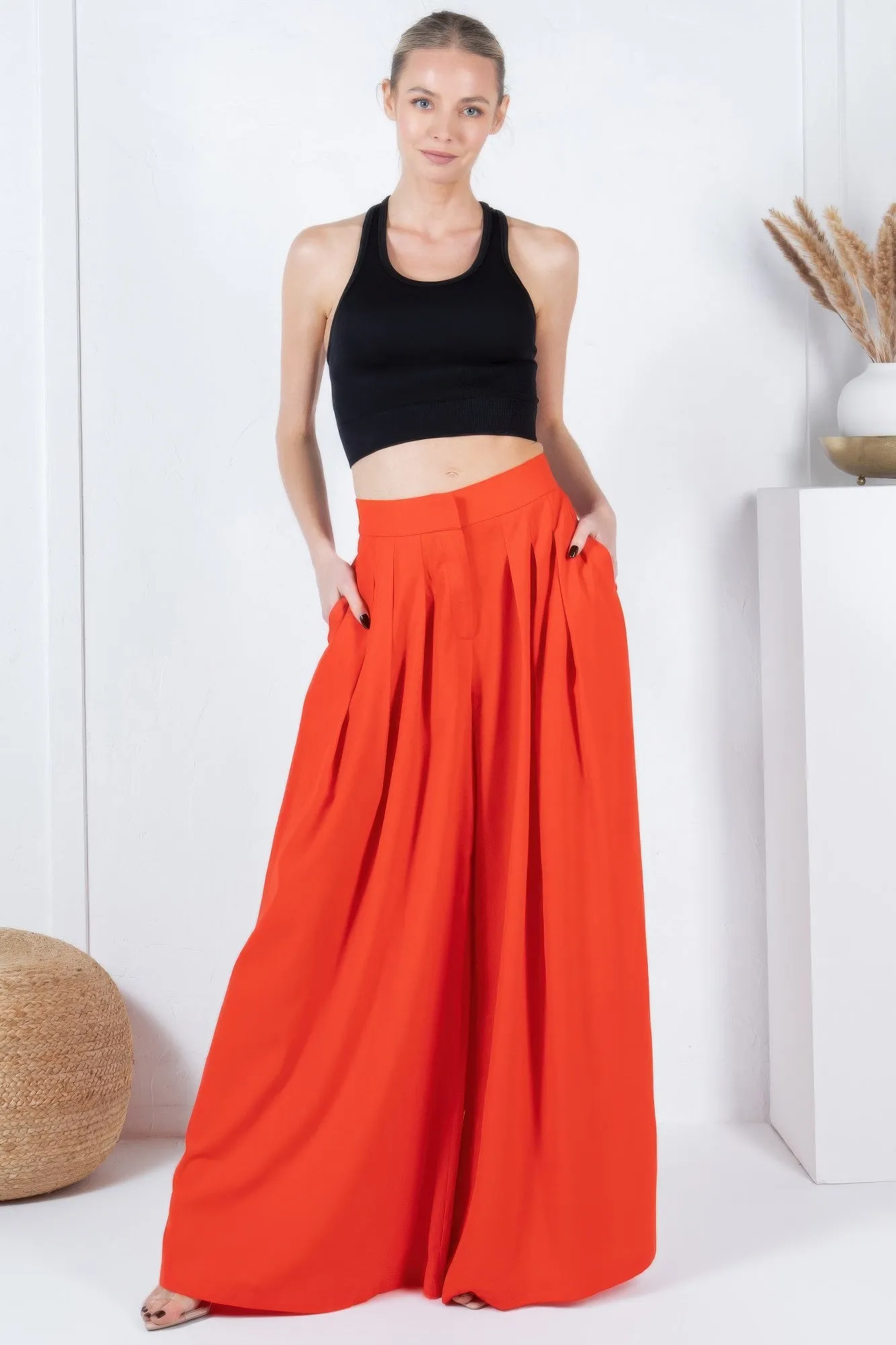 FASHNZFAB Women's Large Hem Wide Leg Pleated Solid Pants