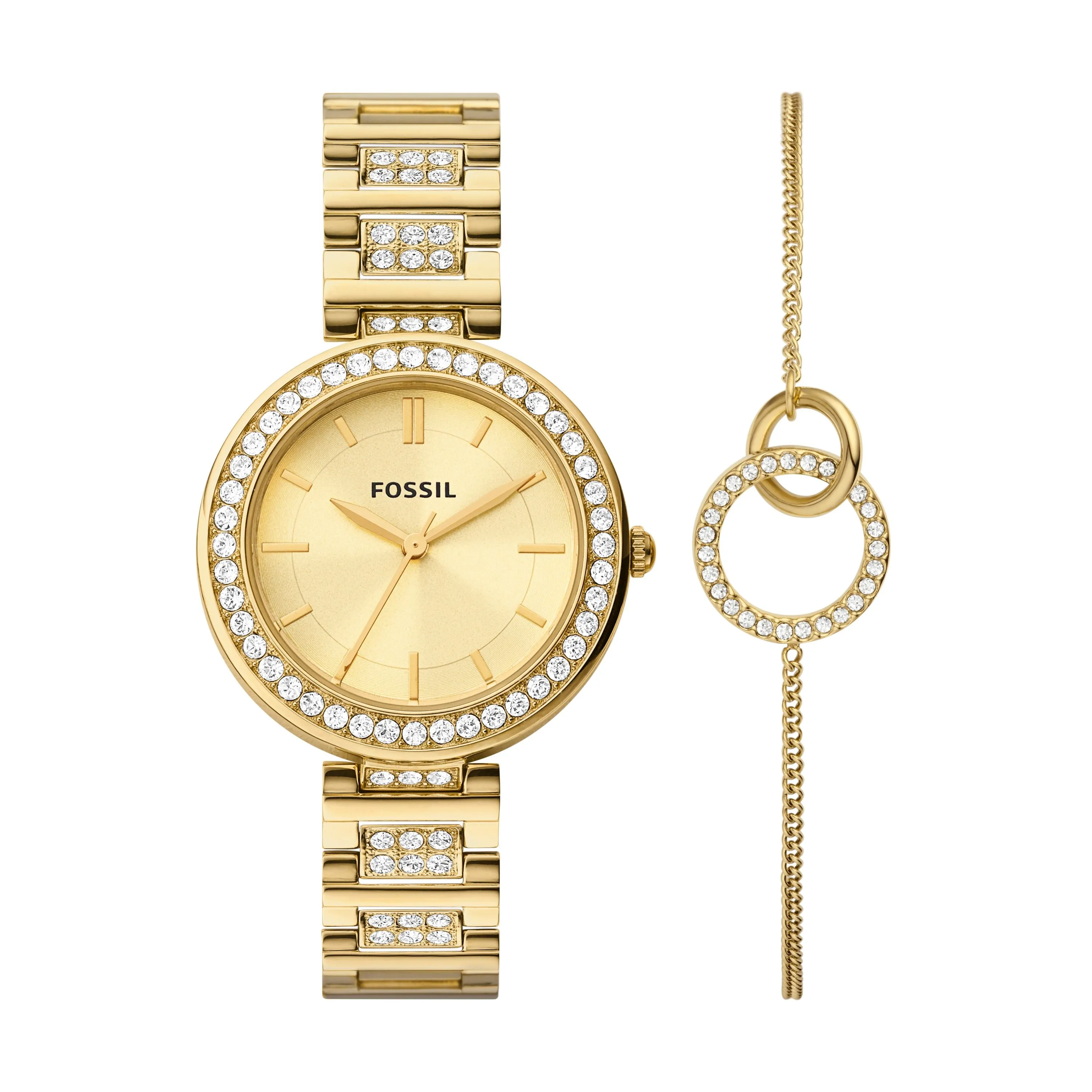 Fossil Women's Karli Three-Hand, Gold-Tone Stainless Steel Watch and Bracelet Box Set