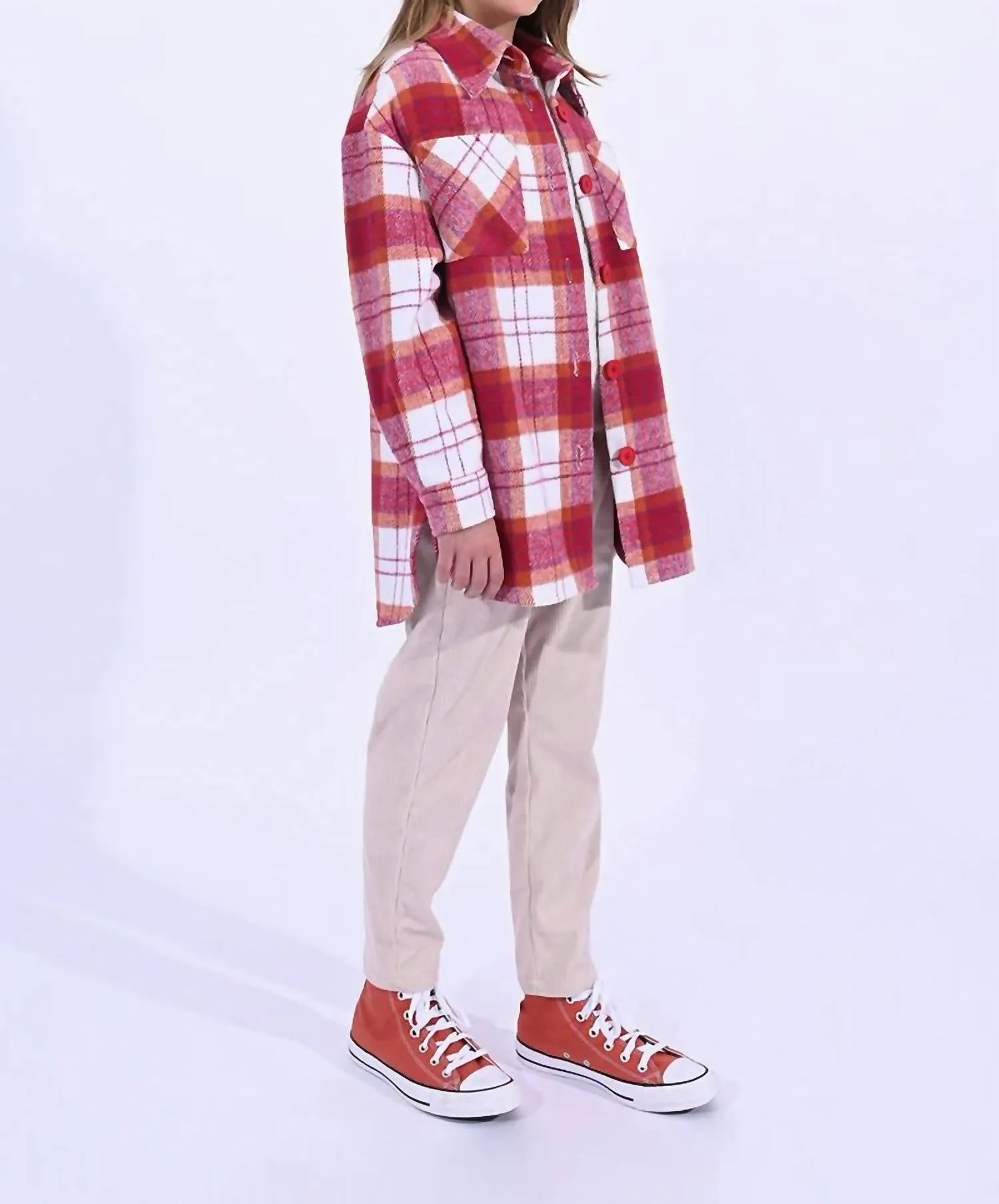 Girl Checked Overshirt-Shacket In Pink