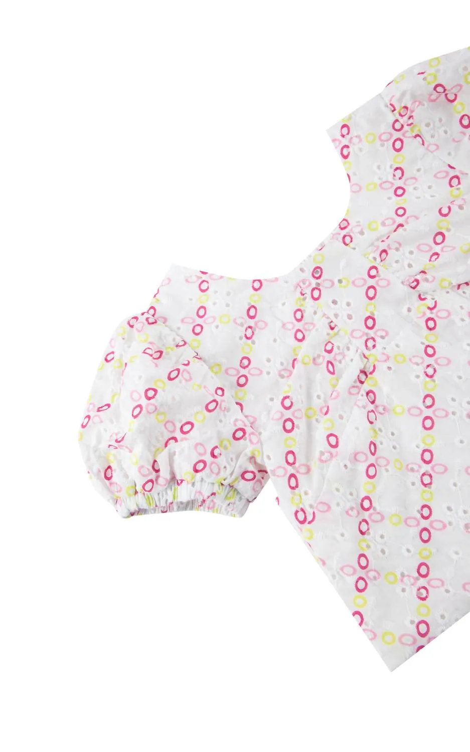 Girl Eyelet Bubble Sleeve Cropped Top In White Multi