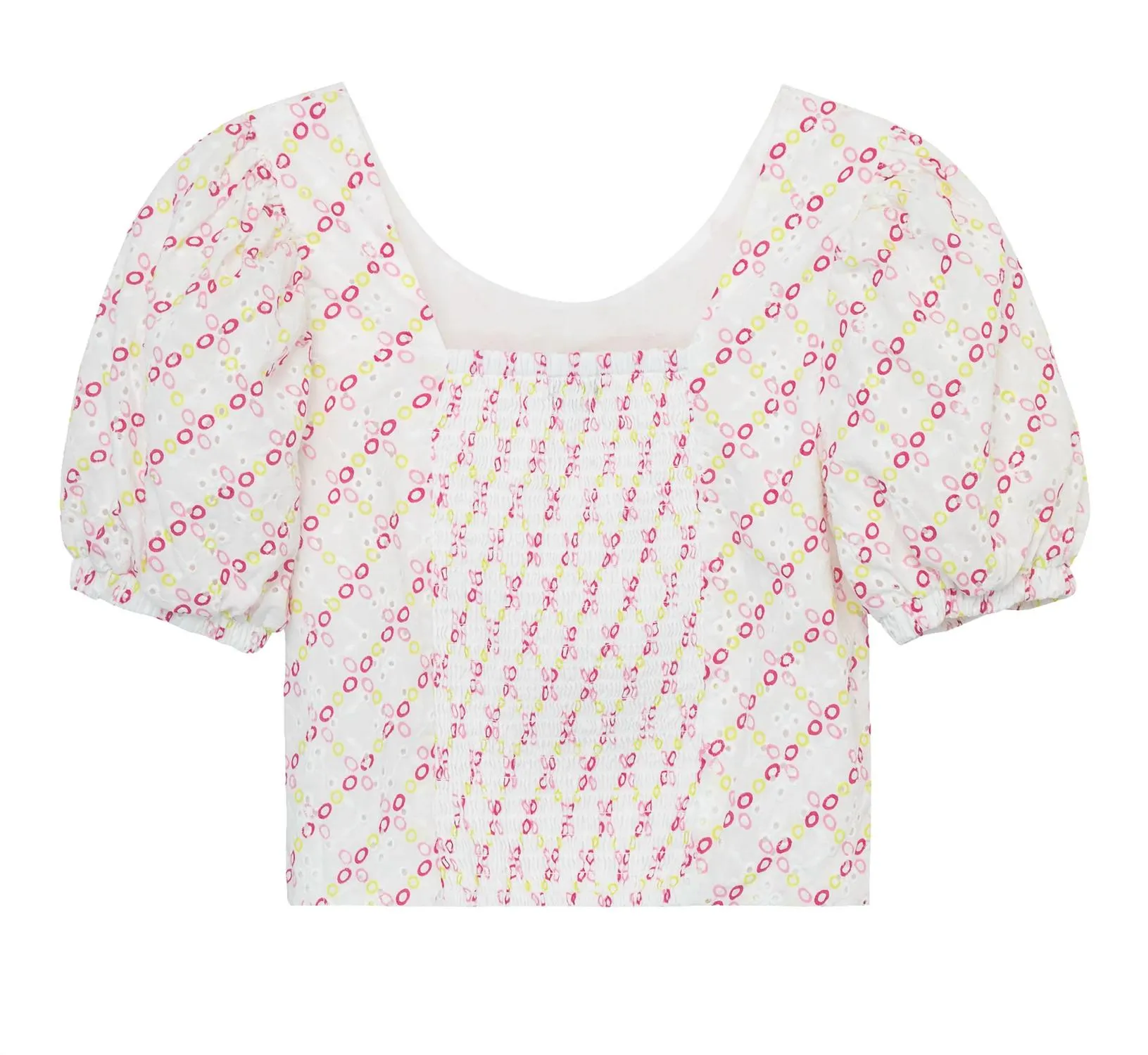 Girl Eyelet Bubble Sleeve Cropped Top In White Multi