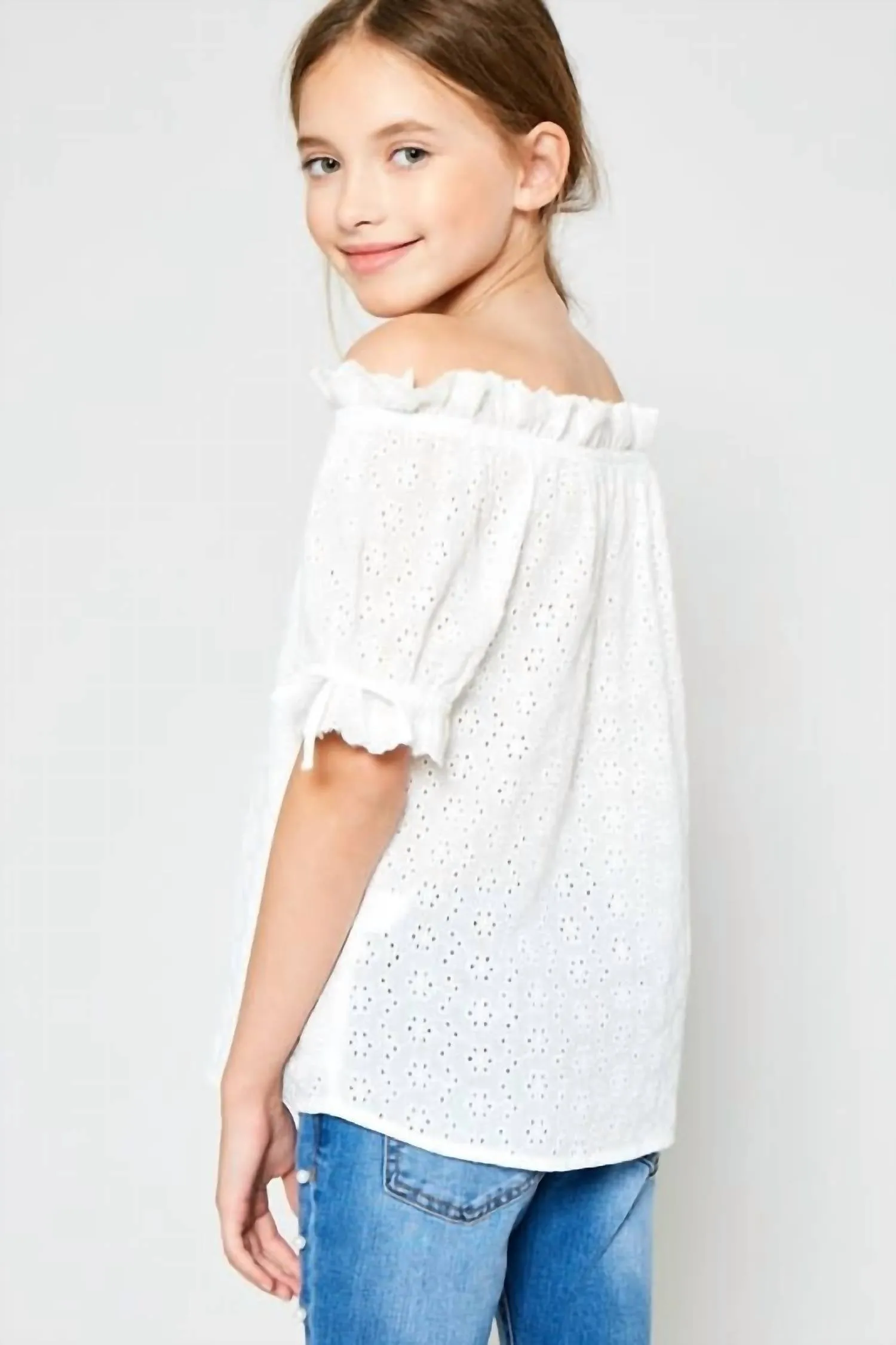 Girl Eyelet Off-Shoulder Ruffle Trim Top In White