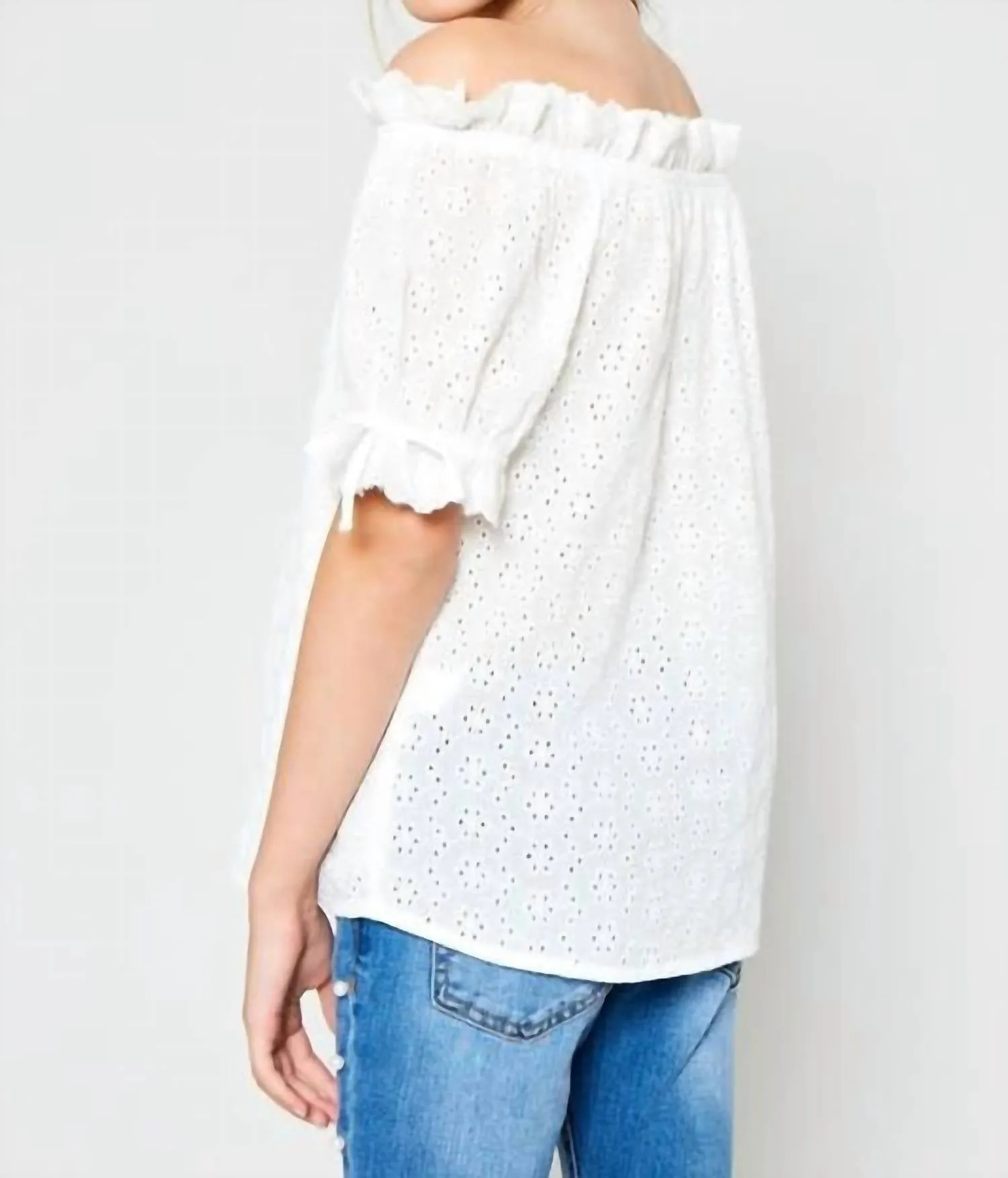 Girl Eyelet Off-Shoulder Ruffle Trim Top In White