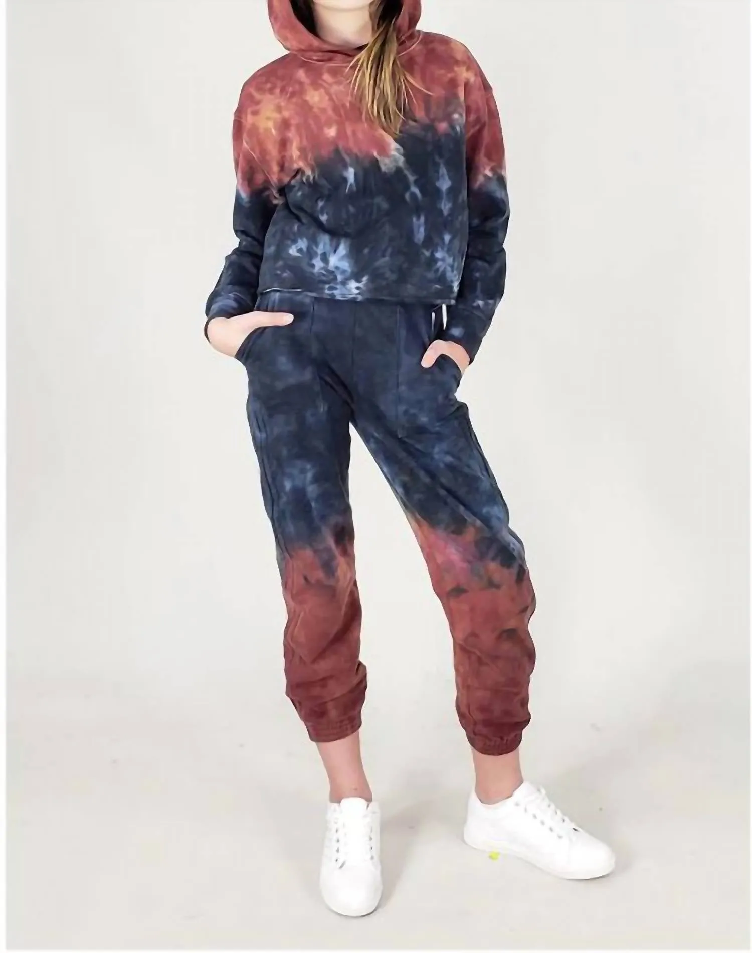 Girl Fiery Tie Dye Jogger In Rust/navy