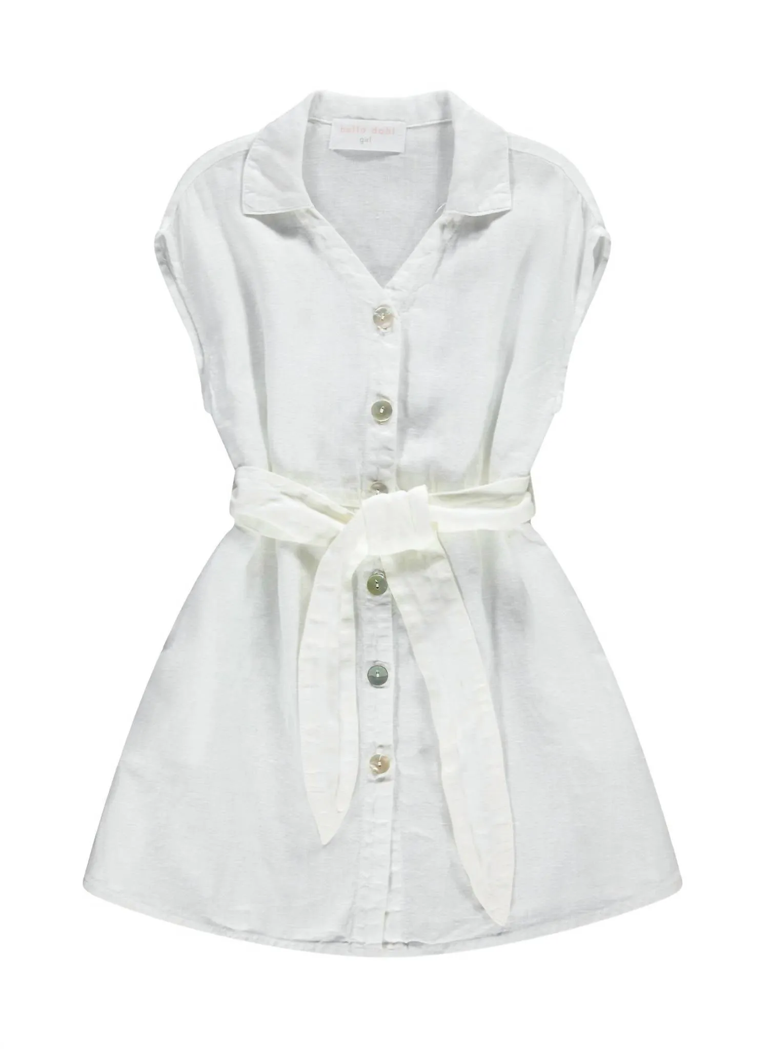 Girl Linen Cap Sleeve Belted Dress In Off White