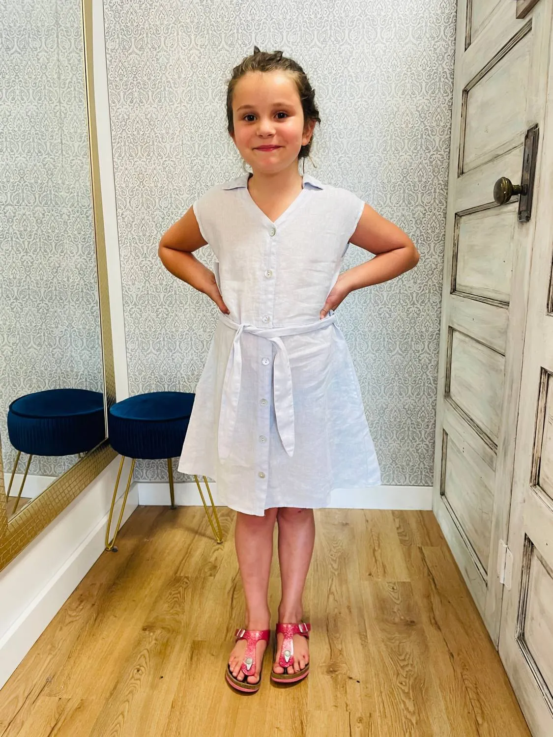 Girl Linen Cap Sleeve Belted Dress In Off White