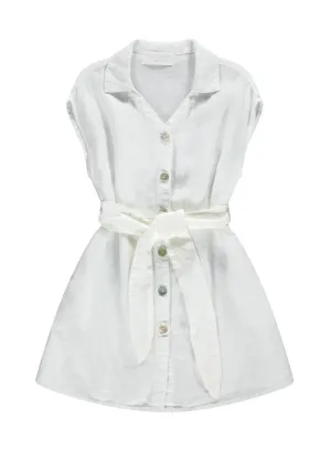 Girl Linen Cap Sleeve Belted Dress In Off White