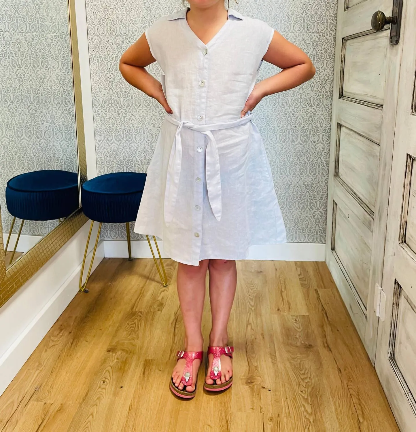 Girl Linen Cap Sleeve Belted Dress In Off White