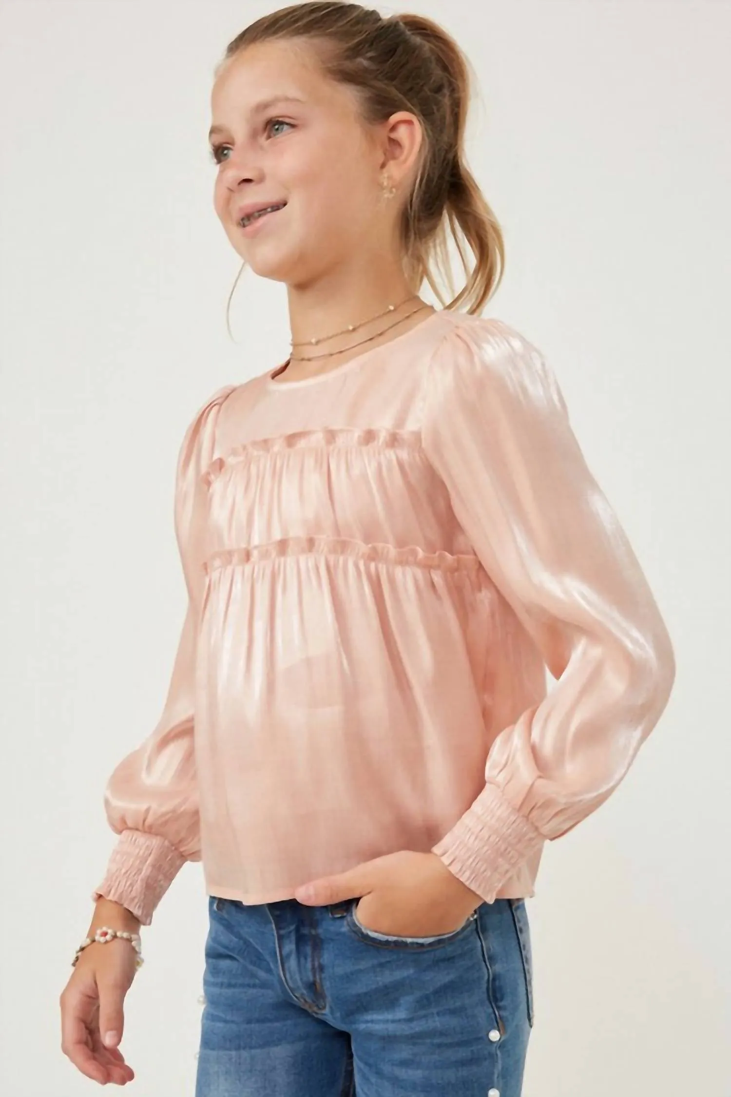 Girl Ruffled Smocked Top In Pink