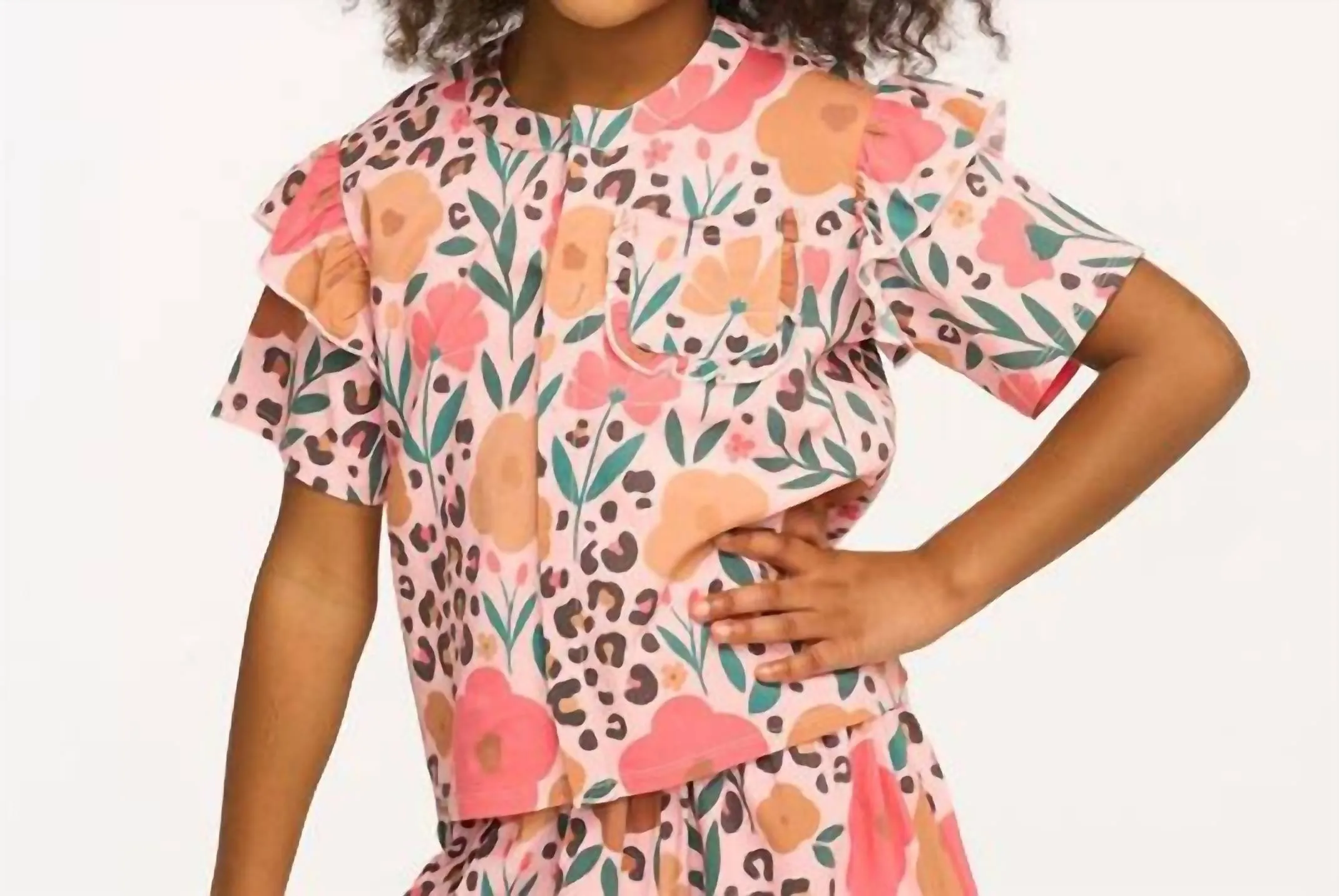 Girl's Anise Print Ruffle Top In Floral And Leopard