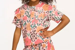 Girl's Anise Print Ruffle Top In Floral And Leopard