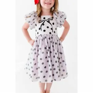 Girl's Bow Party Dress In Ivory With Black Dots