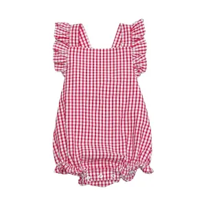 Girl's Check Seersucker Romper In Skye Bubble Red
