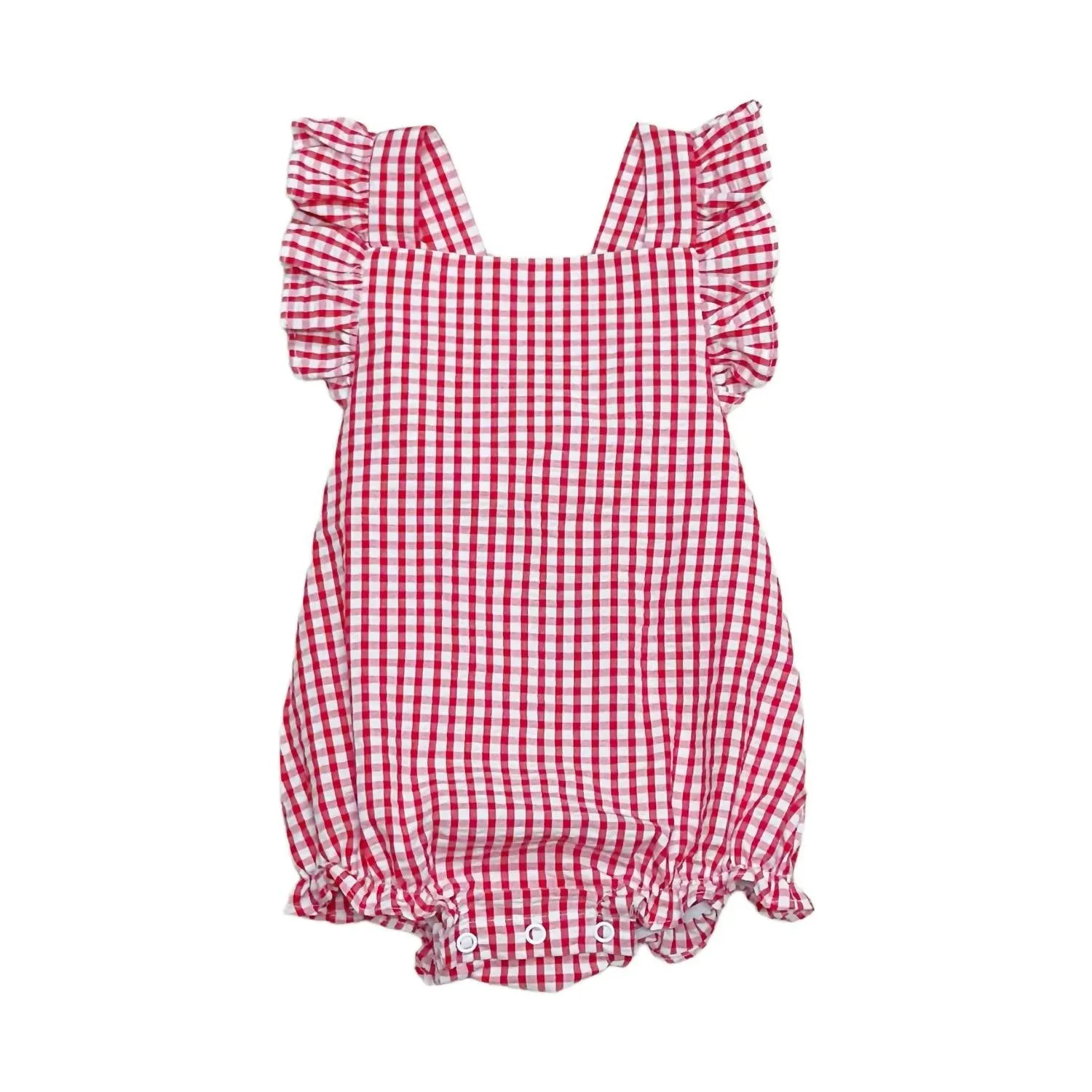 Girl's Check Seersucker Romper In Skye Bubble Red
