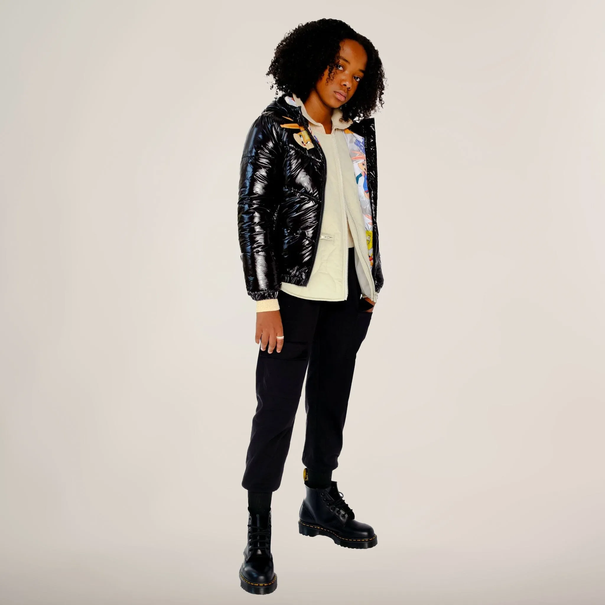 Girl's Cire Puffer with Mash Print Lining Jacket