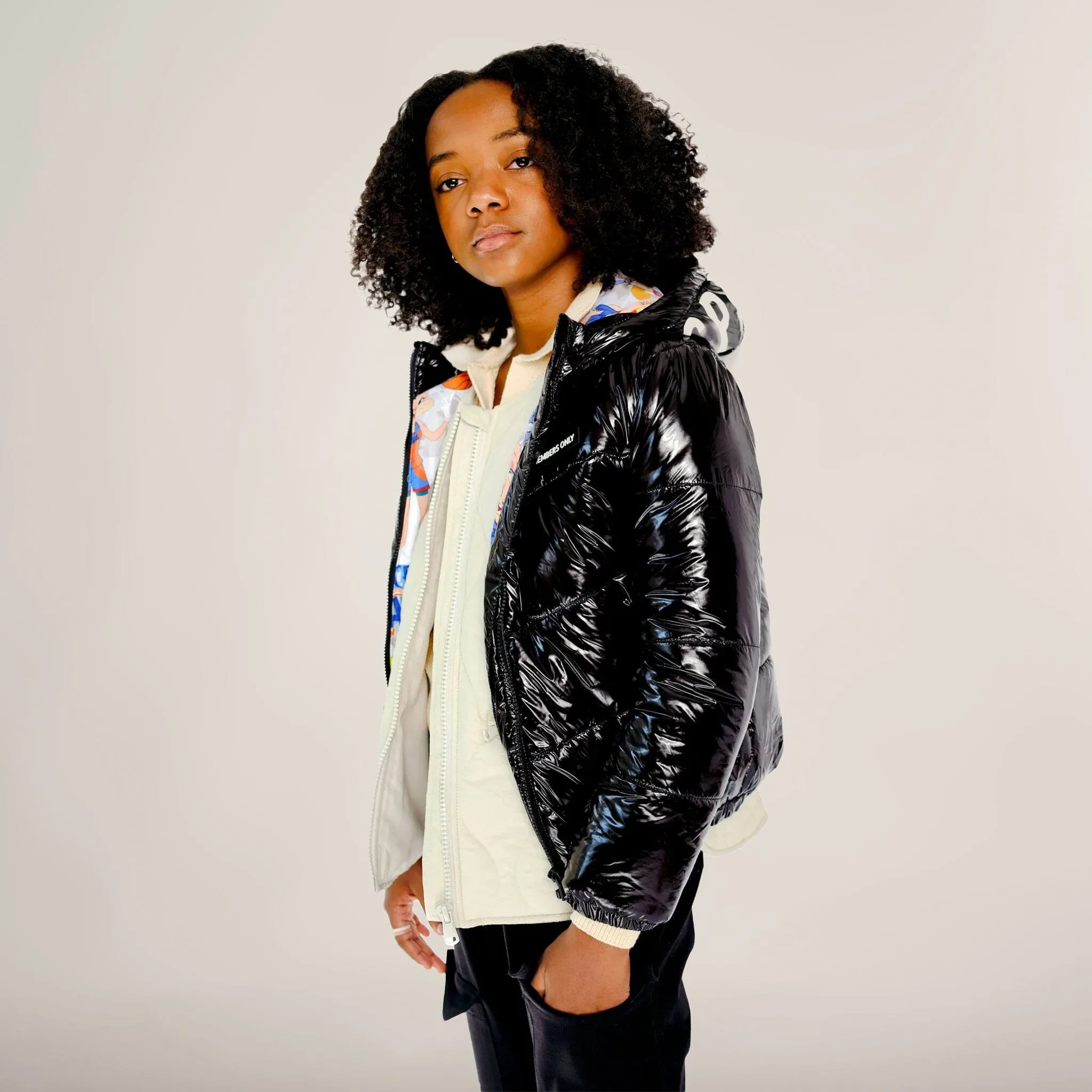 Girl's Cire Puffer with Mash Print Lining Jacket