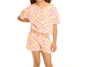 Girl's Daisy Check Romper In Orange And White