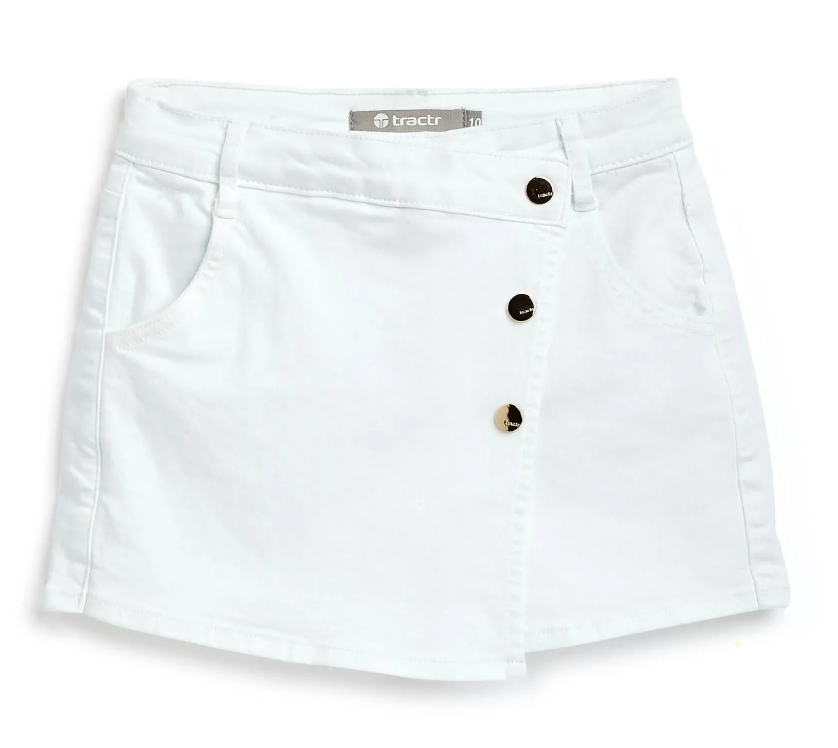 Girls Denim Skort W/ Gold Buttons In White