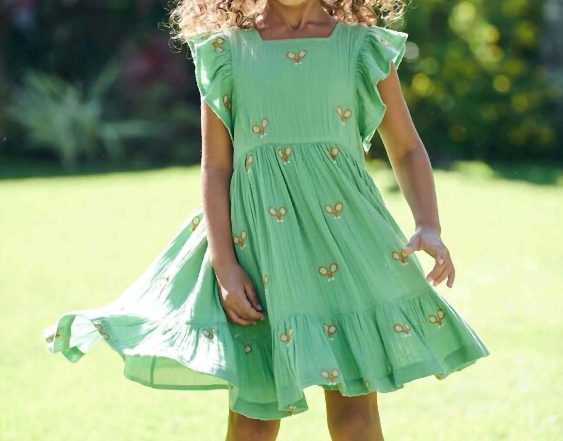 Girl's Elsie Dress In Peppermint With Tennis Racket Embroidery