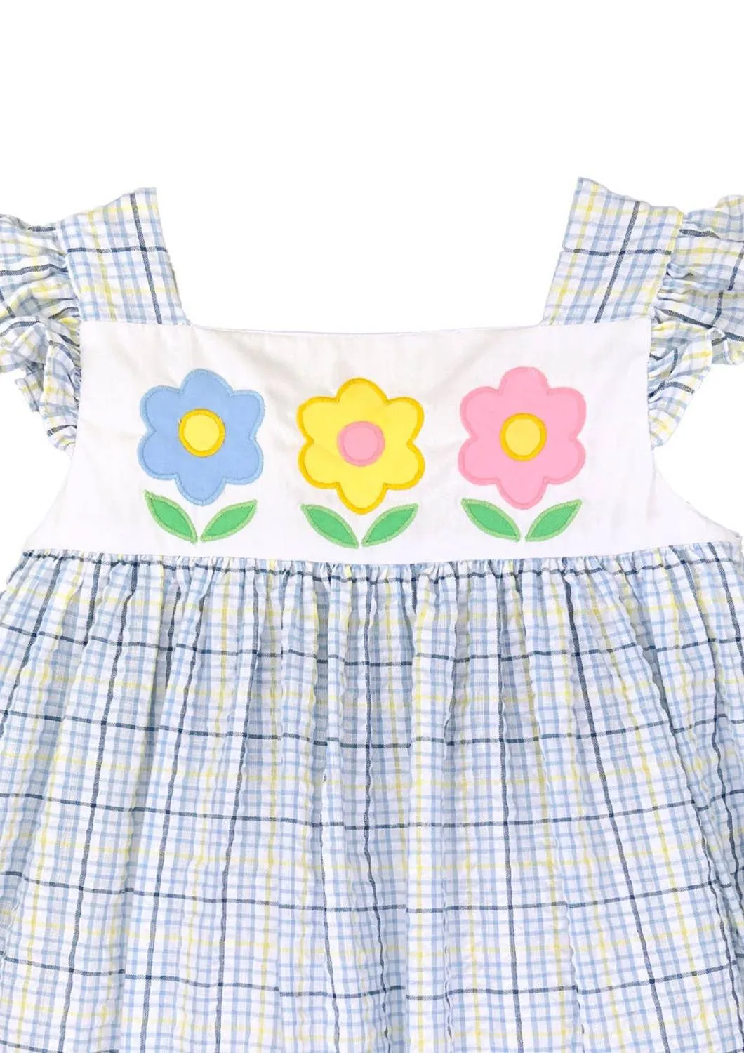 Girl's Flower Applique Sundress In White/blue Plaid
