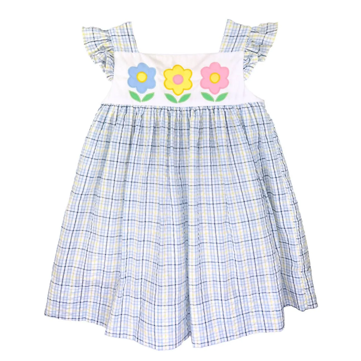 Girl's Flower Applique Sundress In White/blue Plaid