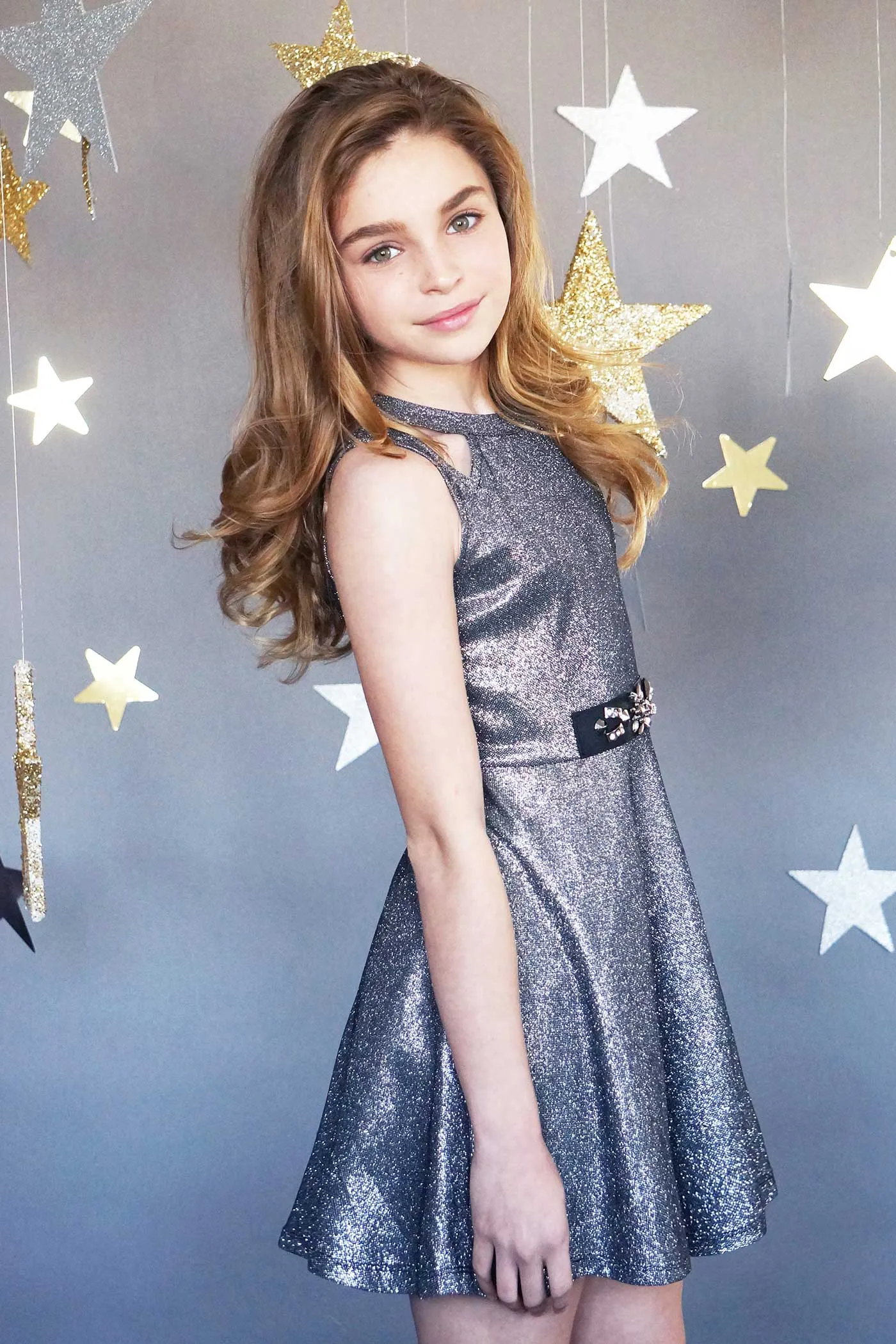 Girls Halter Neck Fit and Flare Metallic Party Dress