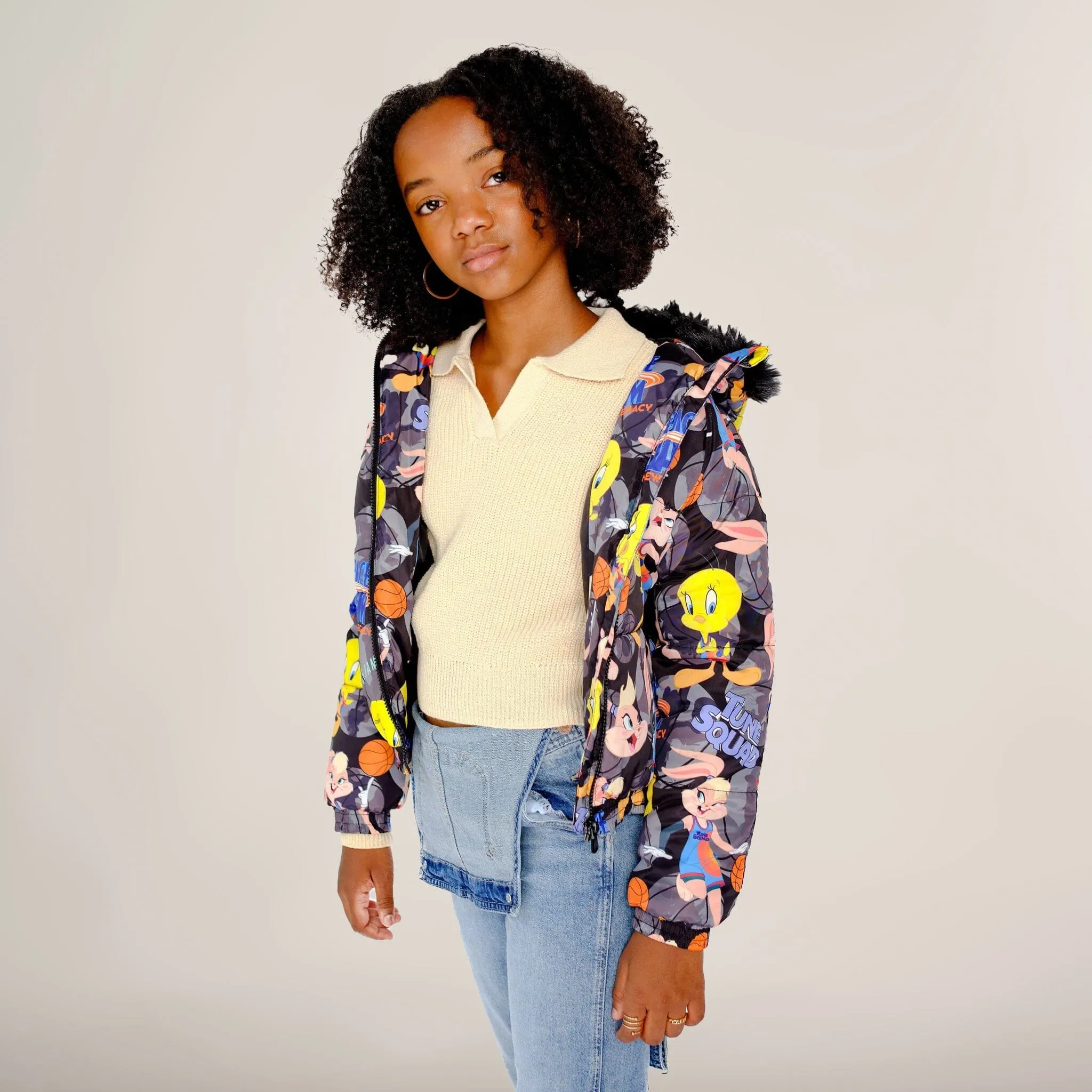 Girl's Heavy Quilted Puffer in New Looney Mash Jacket