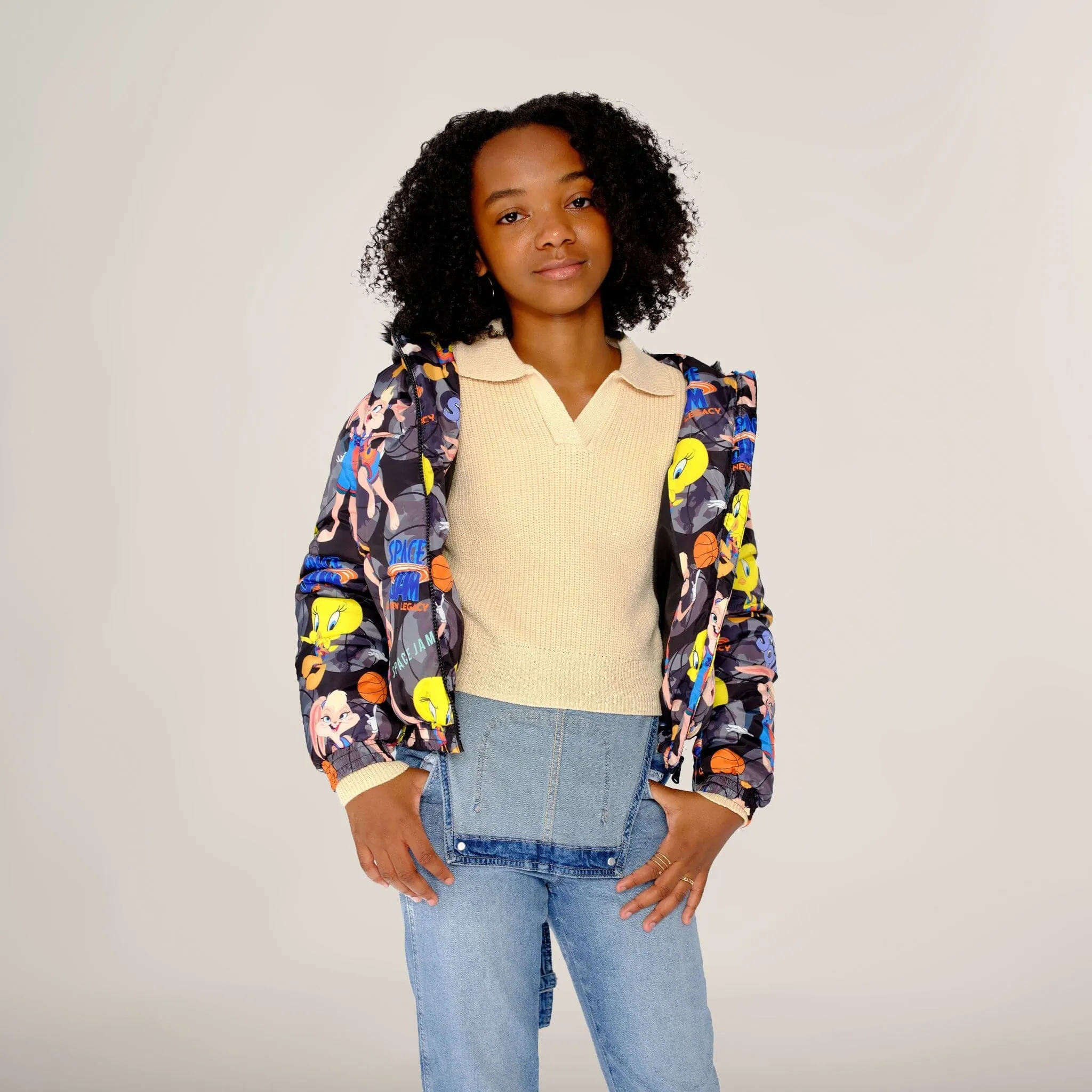 Girl's Heavy Quilted Puffer in New Looney Mash Jacket