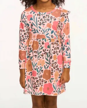 Girl's Longsleeve Ruffle Dress In Floral And Leopard