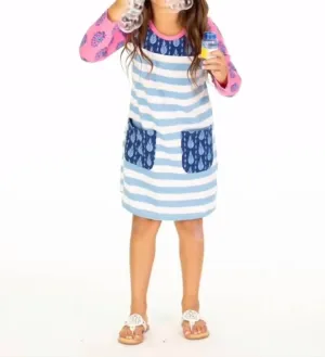 Girl's Maple Dress Fall Print Mix In Blue Stripes