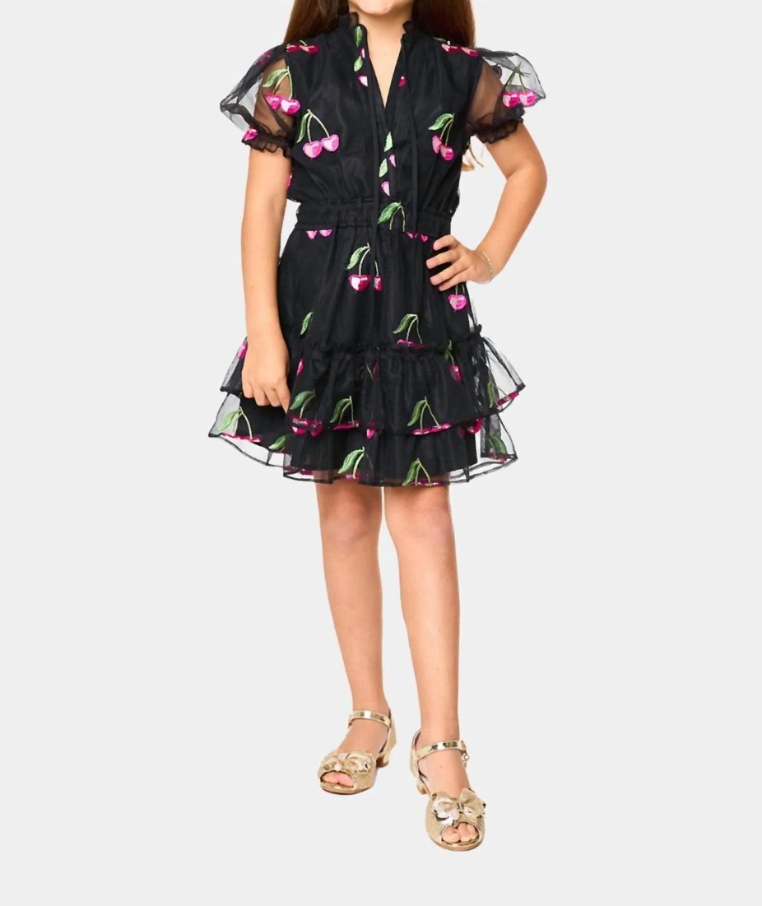 Girl's Mini Clementine Wild Cherries Dress In Black With Cherries