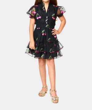Girl's Mini Clementine Wild Cherries Dress In Black With Cherries