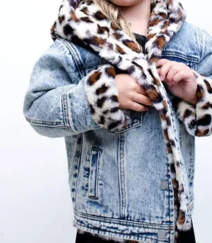 Girl's Reversible Fur Jacket In Denim Leopard