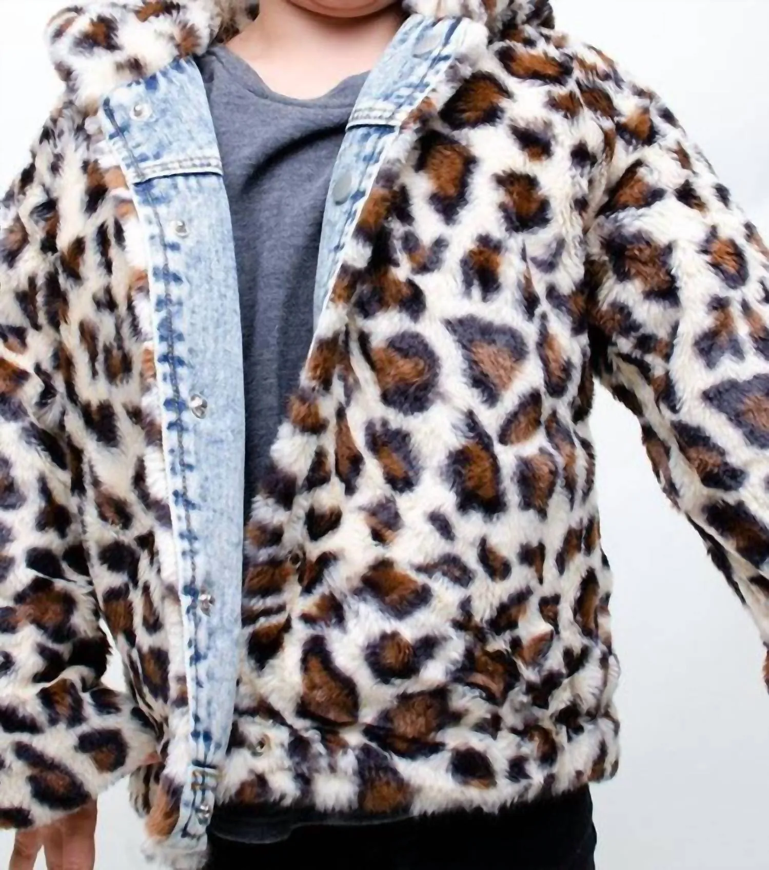 Girl's Reversible Fur Jacket In Denim Leopard