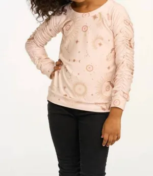 Girl's Shirred Cozy Knit Pullover In Cream Mystical Sky