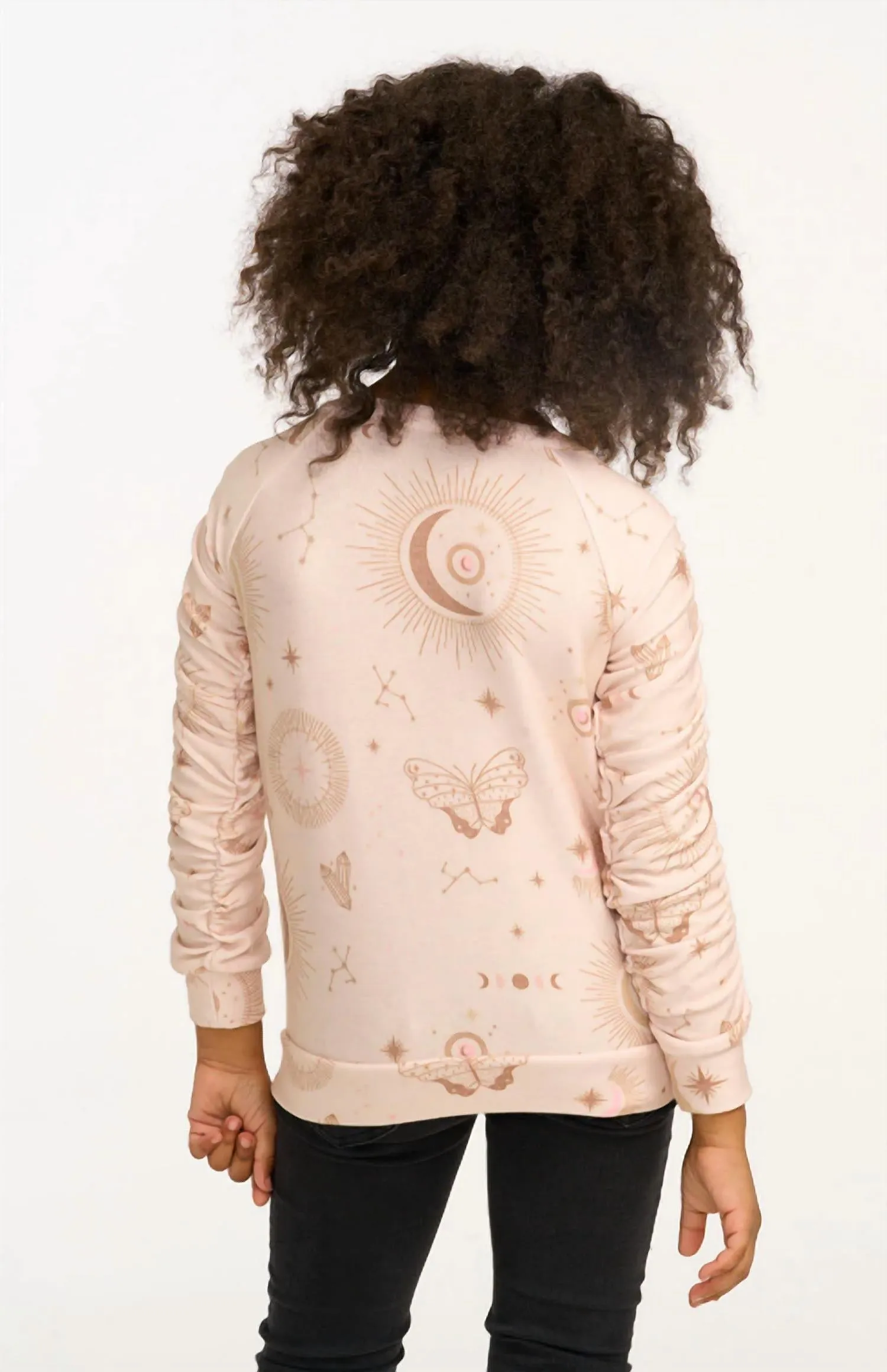 Girl's Shirred Cozy Knit Pullover In Cream Mystical Sky
