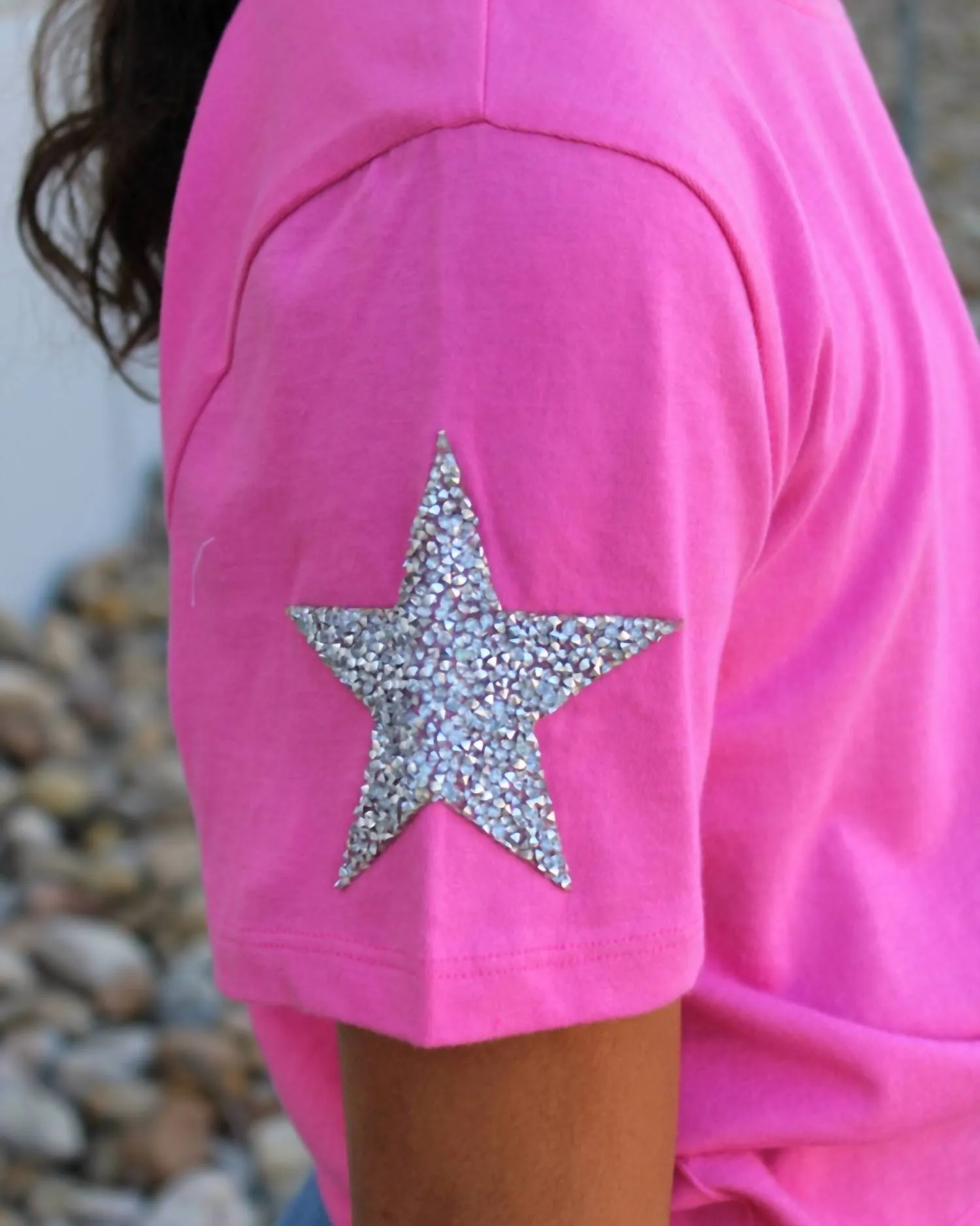 Girls Tee With Rhinestone Star Appliques On Sleeve In Strawberry Moon
