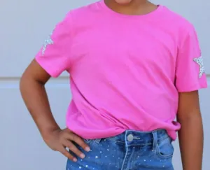 Girls Tee With Rhinestone Star Appliques On Sleeve In Strawberry Moon