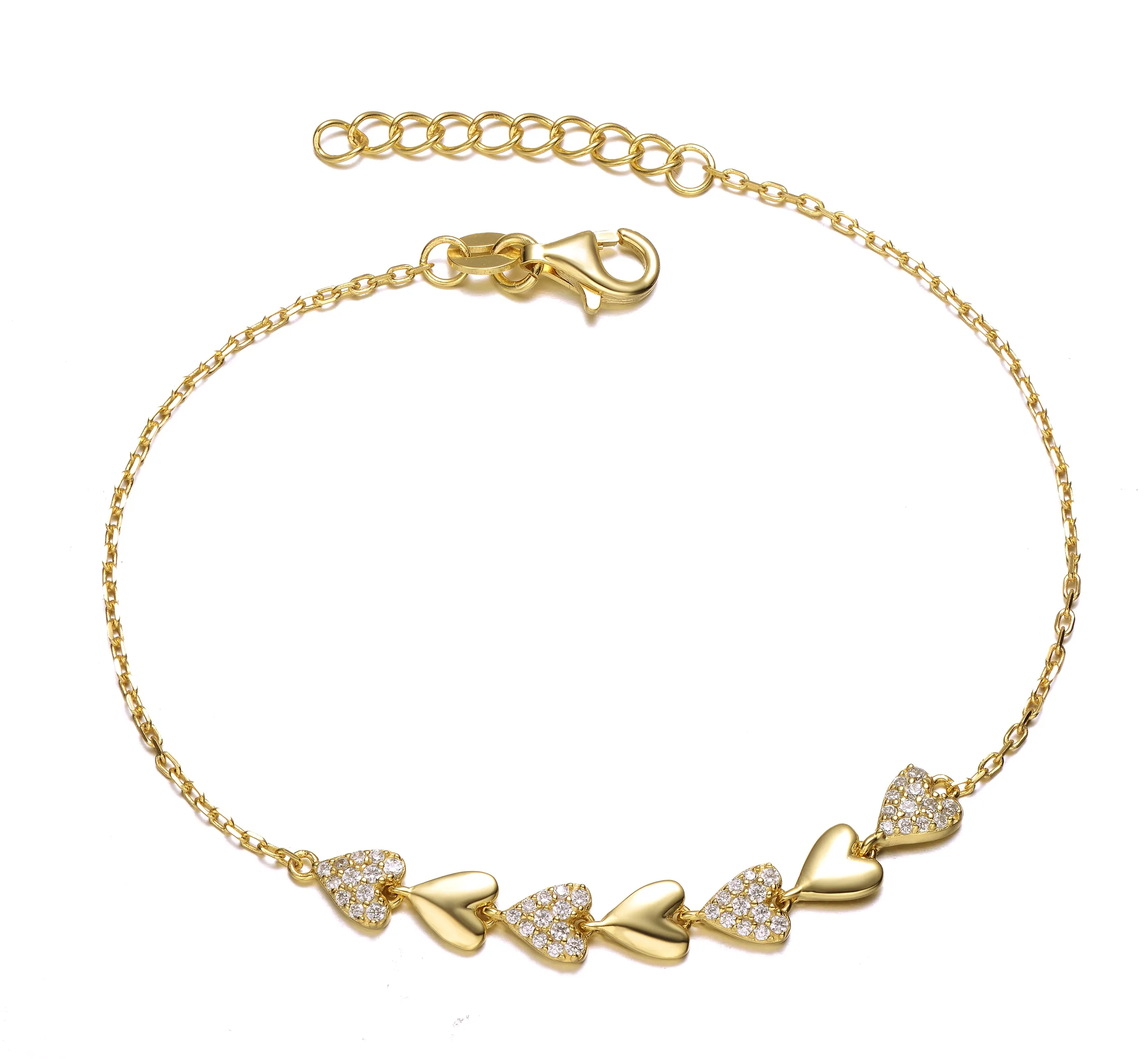 GV Sterling Silver 14k Yellow Gold Plated with Cubic Zirconia Pave Heart Stampato Link Adjustable Bracelet