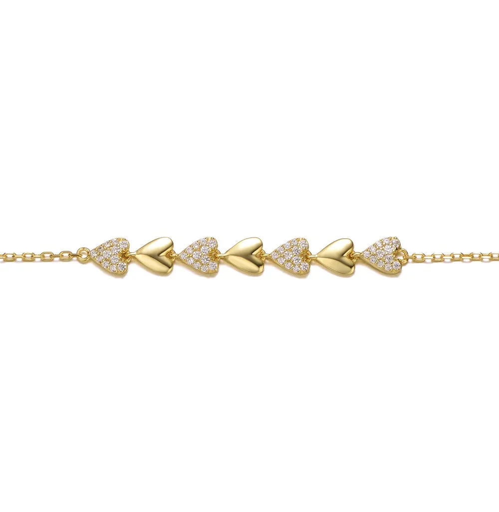 GV Sterling Silver 14k Yellow Gold Plated with Cubic Zirconia Pave Heart Stampato Link Adjustable Bracelet
