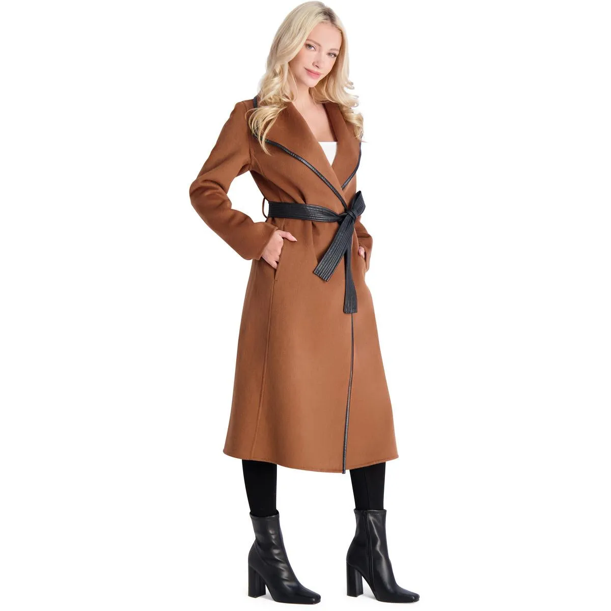 Juliette Womens Wool Blend Faux Leather Trim Wool Coat